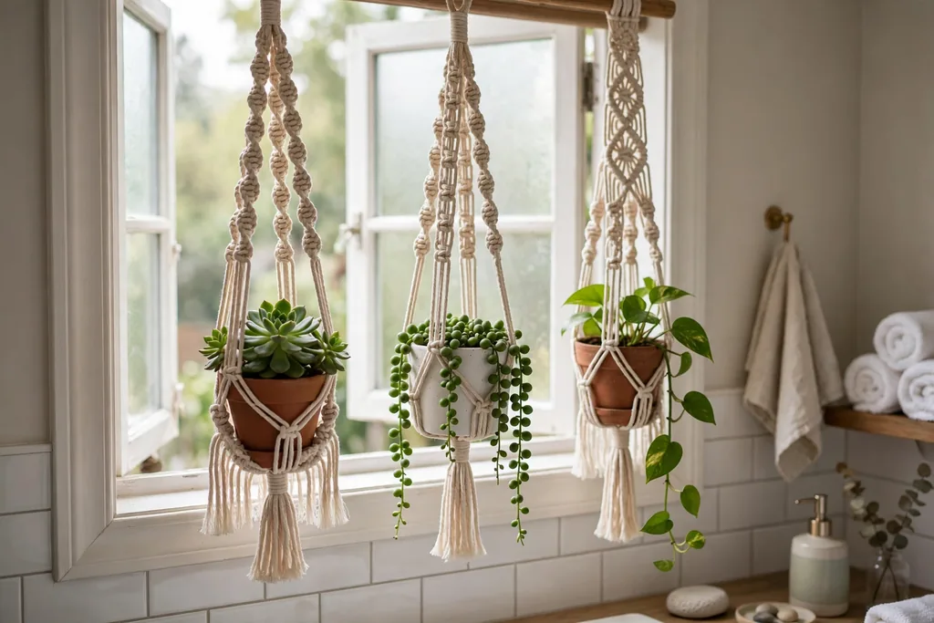 Macrame plant hangers holding small potted plants hanging near a bathroom window.