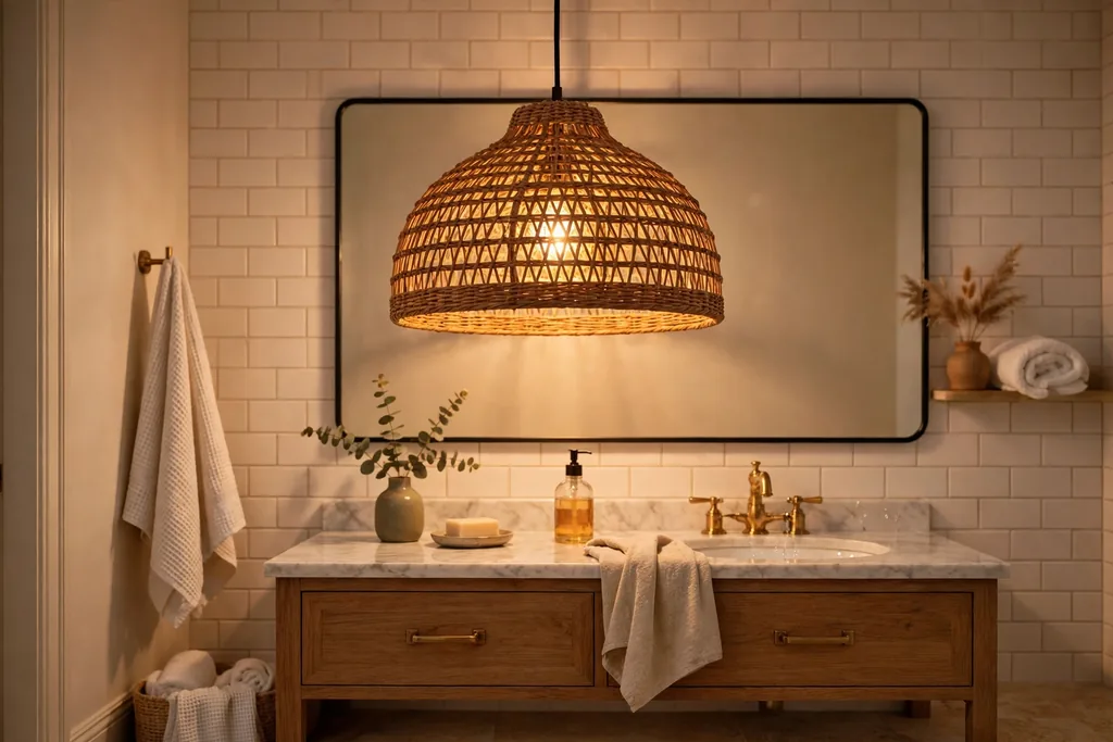 Woven rattan pendant light hanging over a bathroom vanity in warm light.