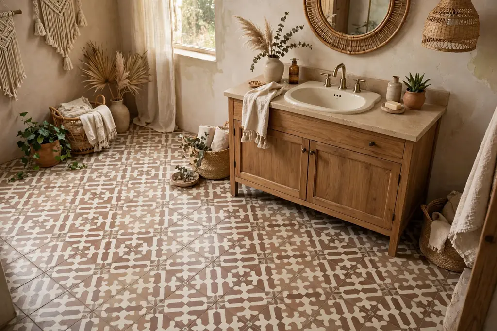 Patterned encaustic style floor tile in muted clay and cream tones in a boho bathroom.