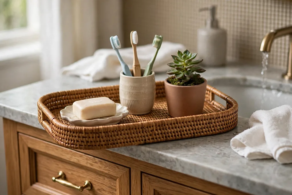 Rattan tray on a bathroom vanity holding a soap dish, toothbrush cup, and a small plant.