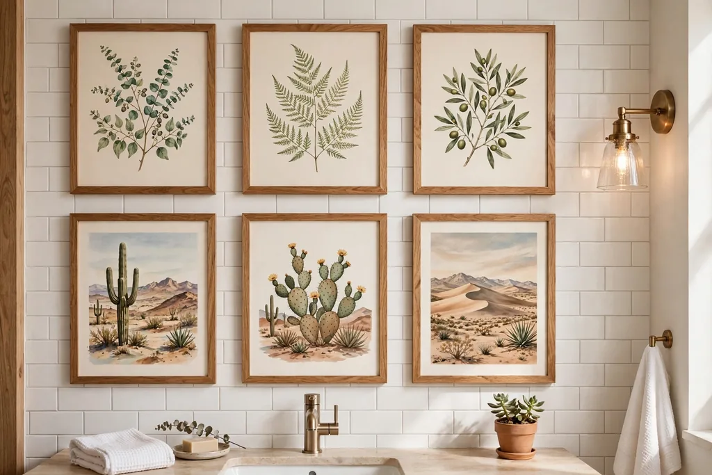 Gallery of framed botanical and desert prints in wood frames on a bathroom wall.