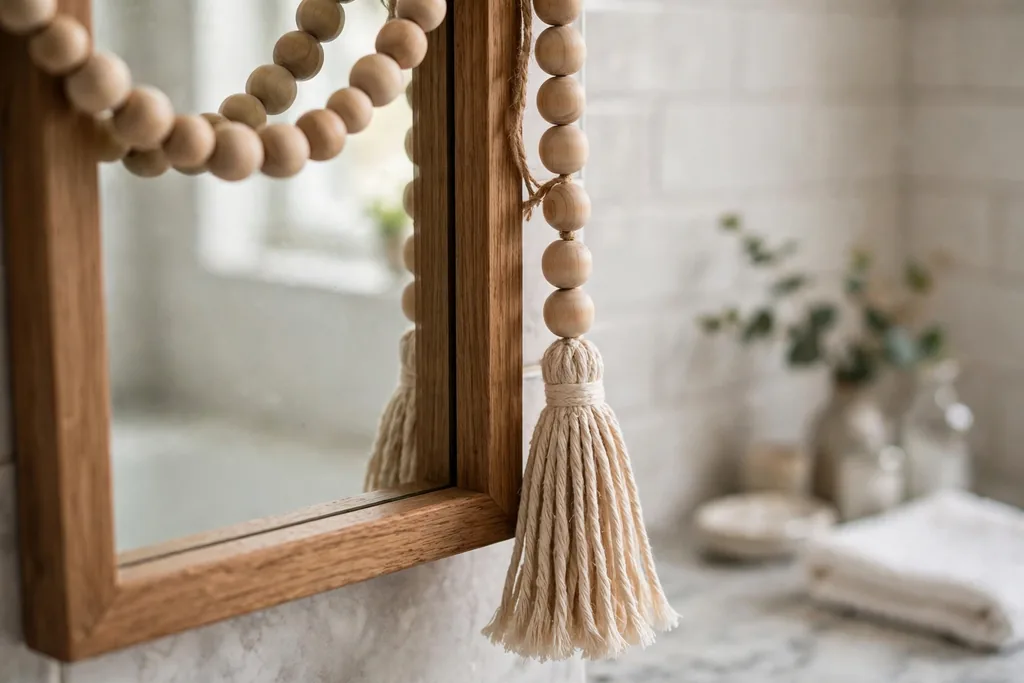 Wooden bead garland with a tassel draped over a bathroom mirror corner.