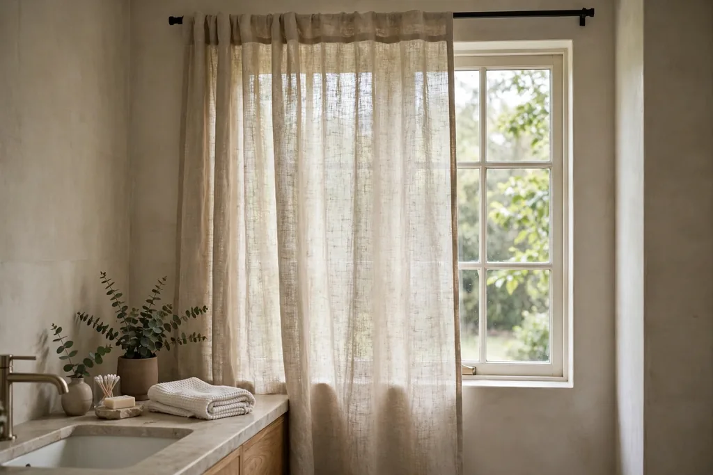 Natural linen curtain in oatmeal hanging at a bathroom window in soft daylight.