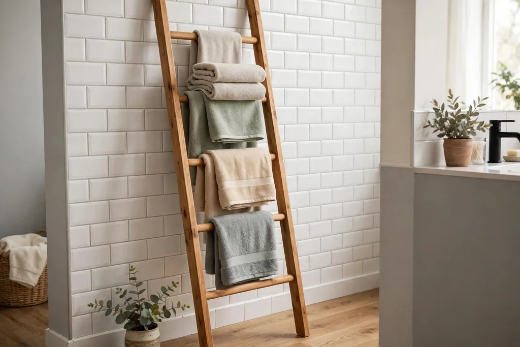 Wooden ladder rack leaning against a bathroom wall holding folded towels.