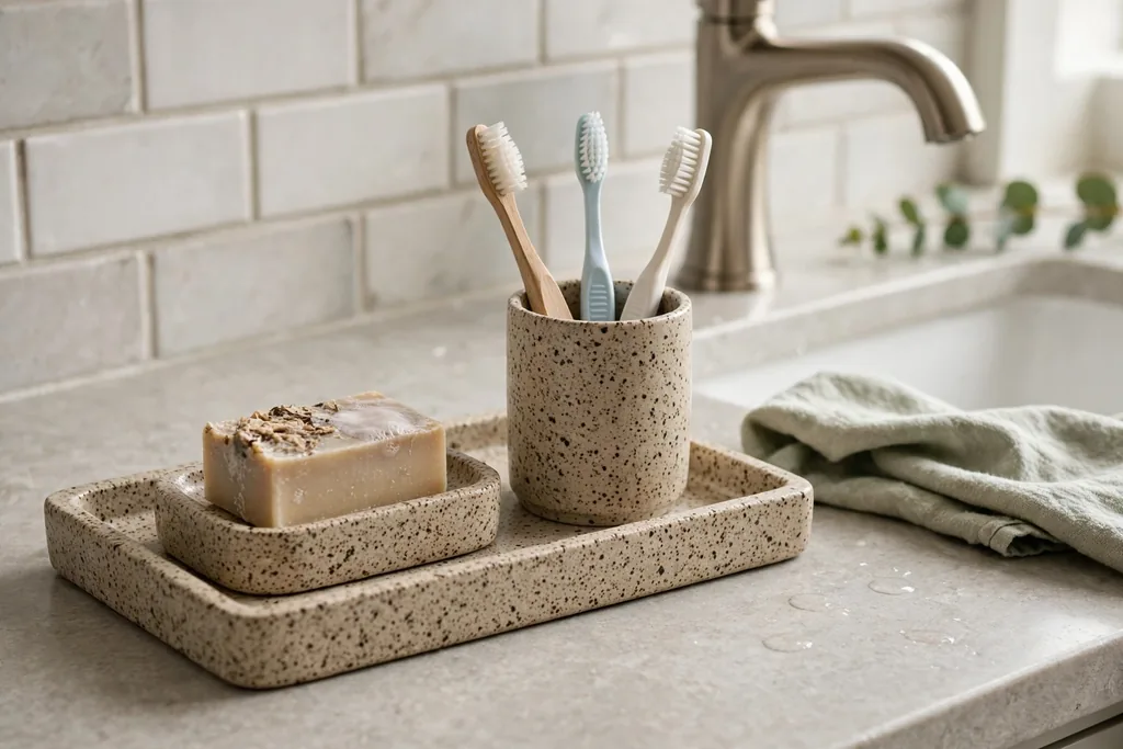 Speckled stoneware soap dish, tray, and toothbrush cup on a bathroom sink counter.