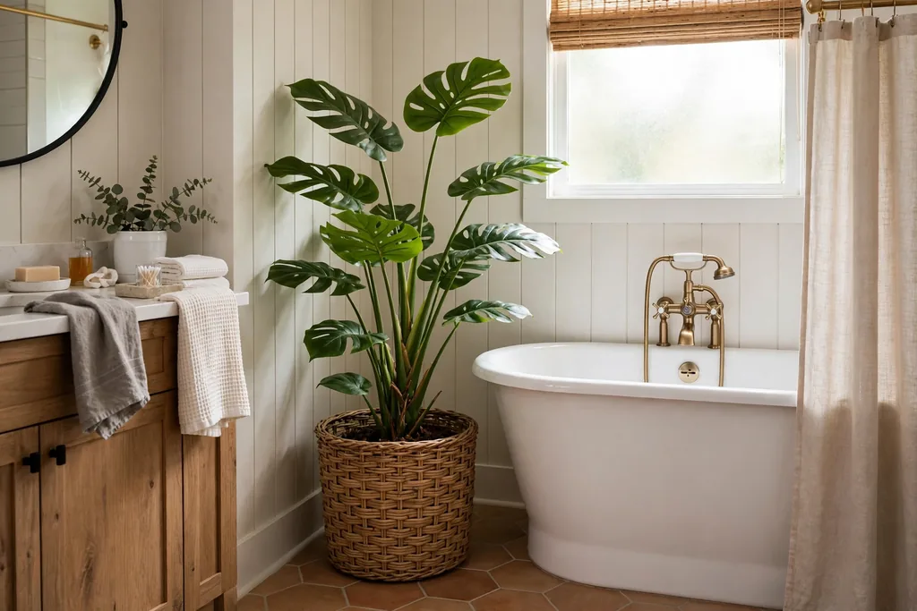 Large floor plant in a woven basket planter in a bathroom corner beside a bathtub.