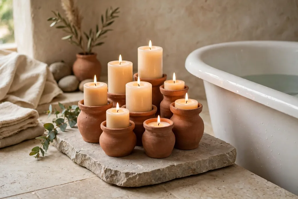 Cluster of terracotta candle holders with cream candles on a stone tray beside a bathtub.