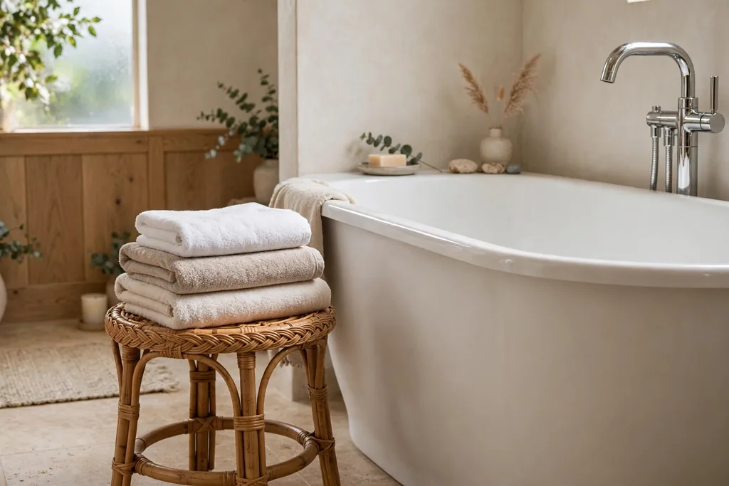 Small rattan stool beside a bathtub holding folded towels.