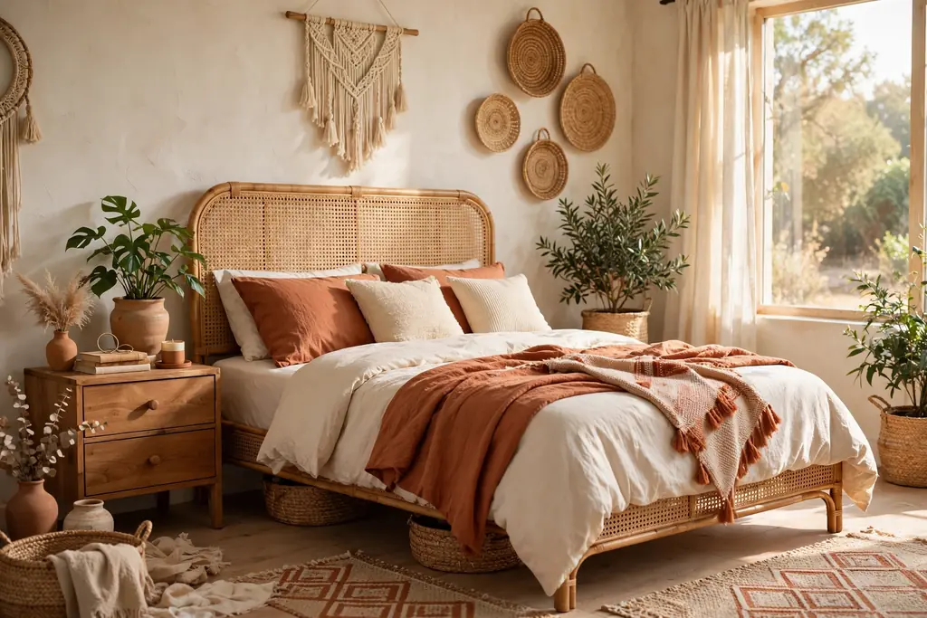 Boho bedroom with a rattan bed frame and woven cane headboard, cream and terracotta bedding, and a potted plant.