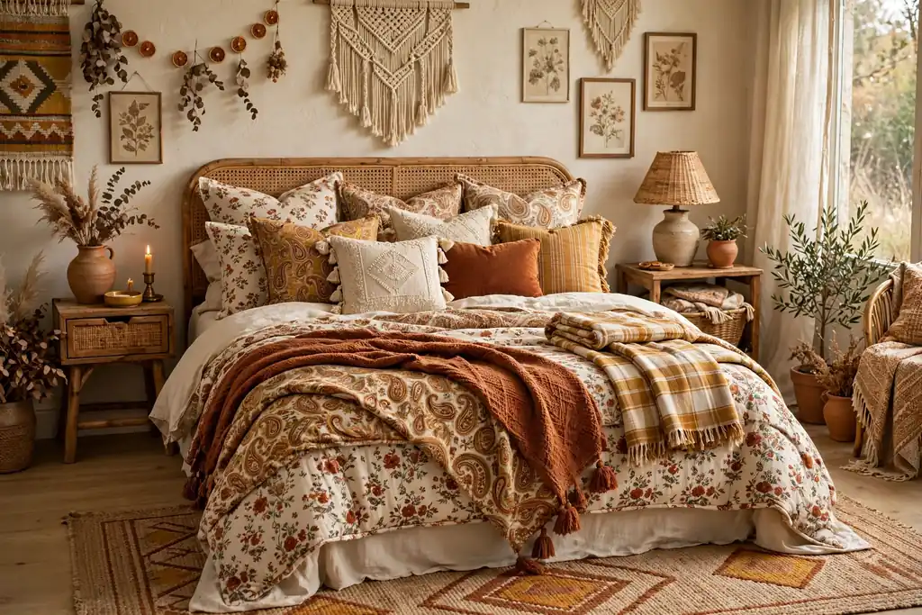 Boho bed with layered bedding in mixed floral and paisley prints in rust, cream, and mustard.