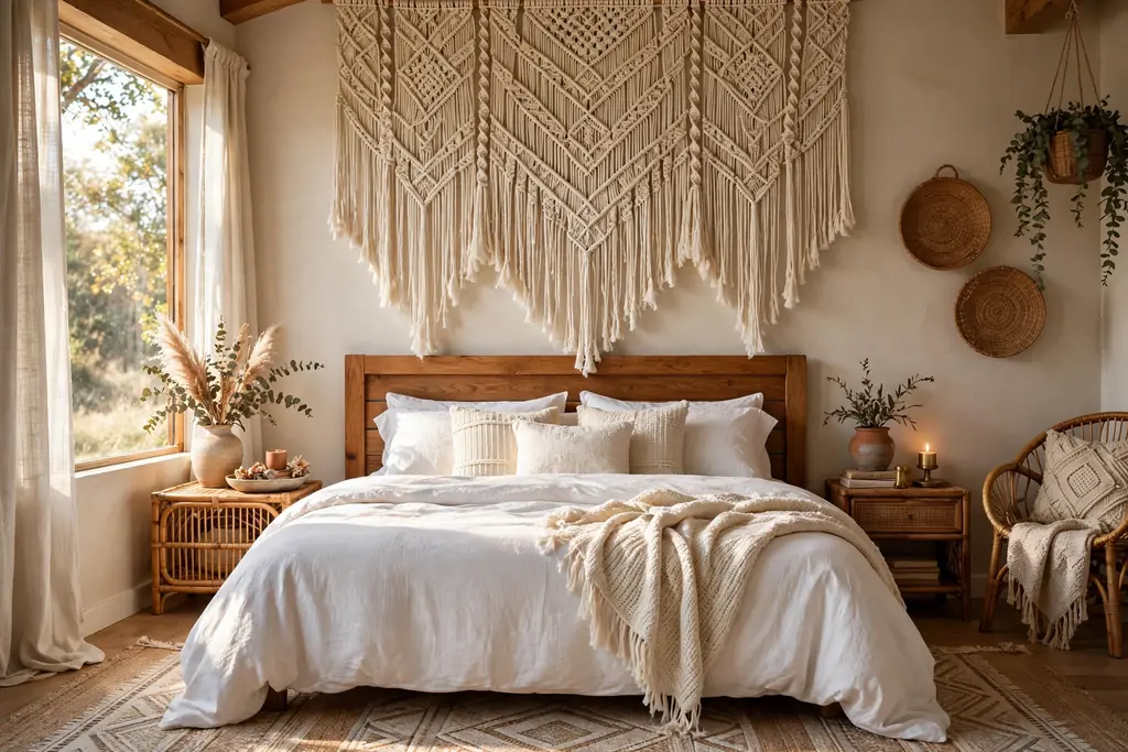 Large cream macrame wall hanging with long fringe above a bed with white bedding.