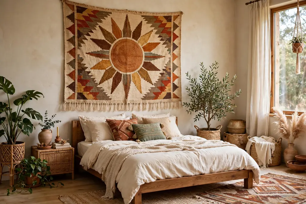 Large woven tapestry with a sun pattern in earth tones hanging above a wooden bed.