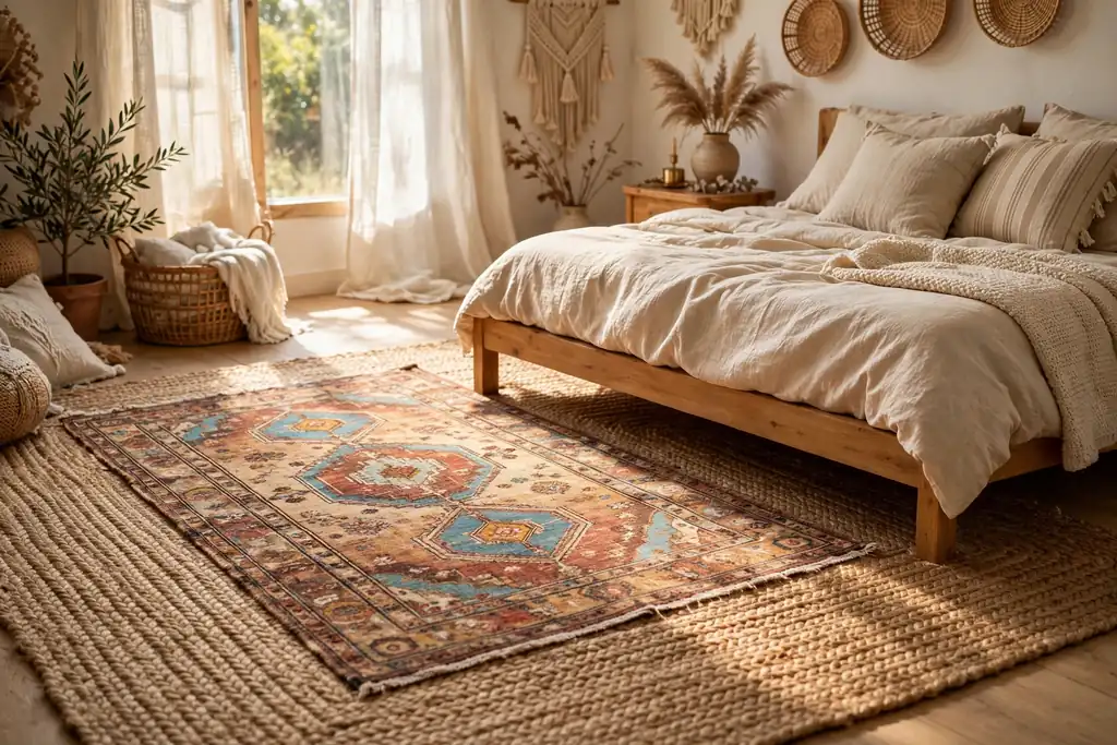 Layered rugs in a boho bedroom, a large jute rug with a smaller patterned rug on top beside a bed.