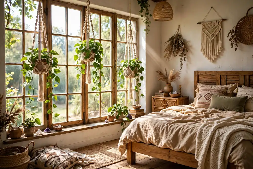 Trailing plants in macrame holders hanging at different heights by a bedroom window.