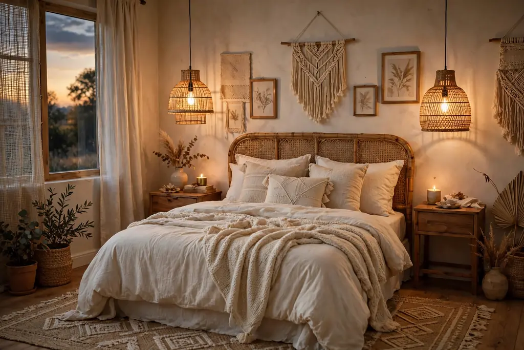 Two rattan pendant lights hanging over wooden nightstands beside a bed in warm evening light.