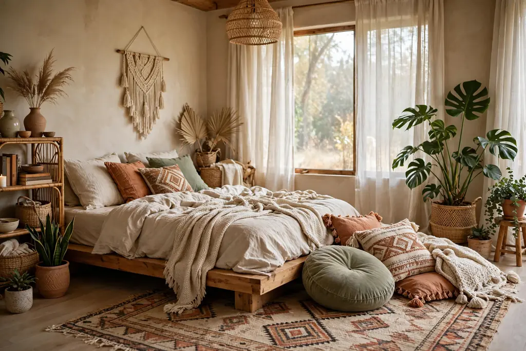 Low wooden platform bed with large floor cushions and a woven rug beside it.