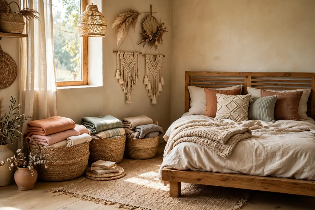 Woven seagrass baskets holding folded throws and blankets beside a wooden bed.