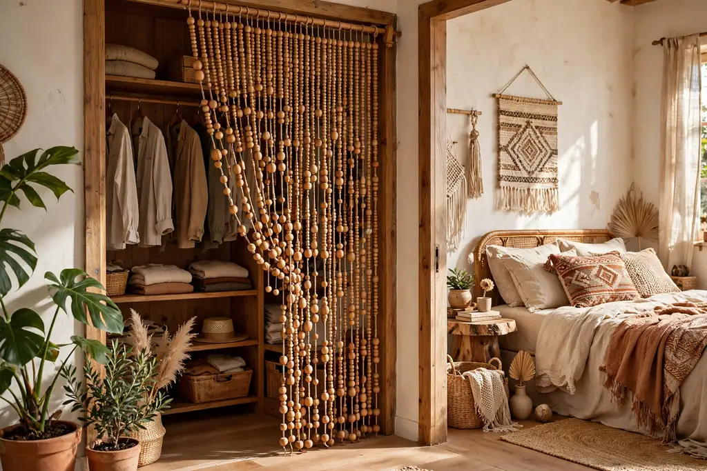 Wooden beaded curtain hanging across an open bedroom closet.