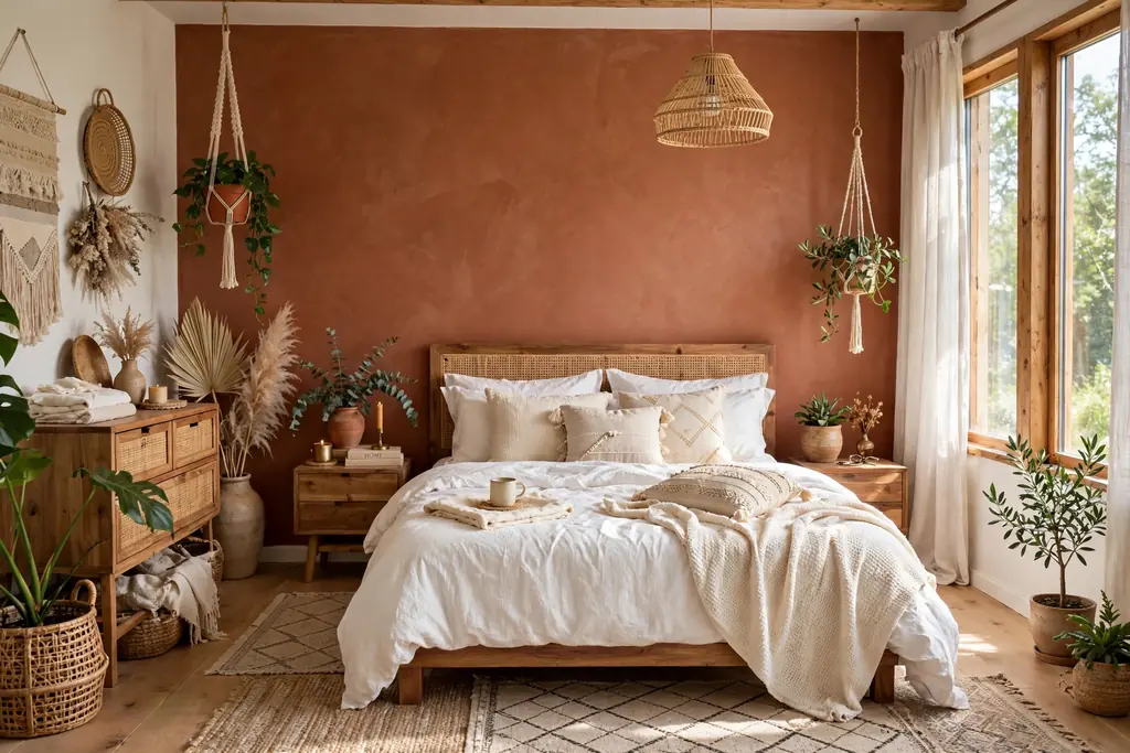 Boho bedroom with a warm terracotta accent wall behind a bed with white and cream bedding.