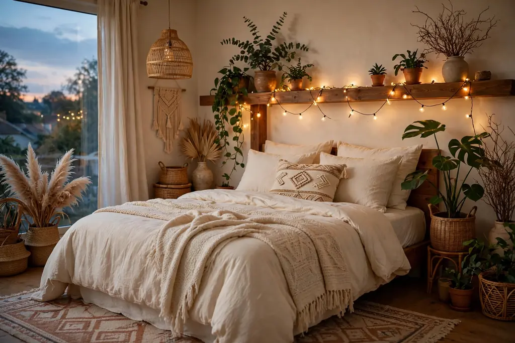 Warm string lights draped along a wooden headboard shelf above a bed at dusk.
