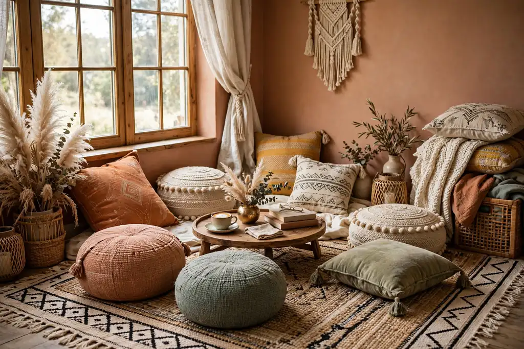 Floor seating nook with round poufs, floor cushions, and a low wooden tray table by a window.