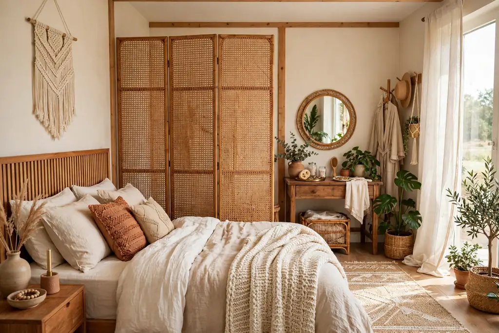 Woven cane room divider screen beside a bed, creating a dressing corner.