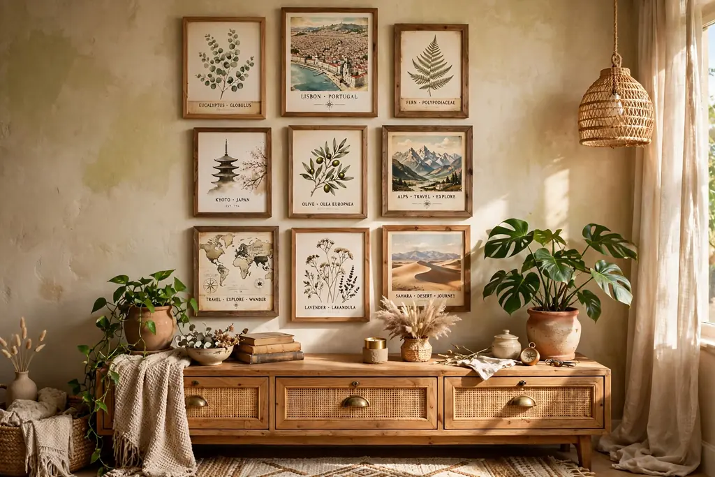 Gallery wall of framed botanical and travel prints in mixed wood frames above a dresser.
