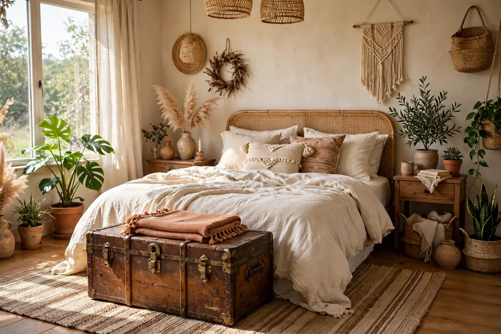 Vintage wooden trunk at the foot of a bed with cream bedding and a folded throw on top.