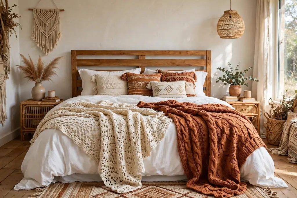 Crochet and chunky knit throws in cream and rust draped over white bedding.