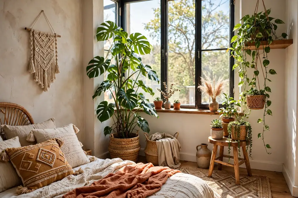 Bright bedroom corner by a window filled with potted plants at three heights.