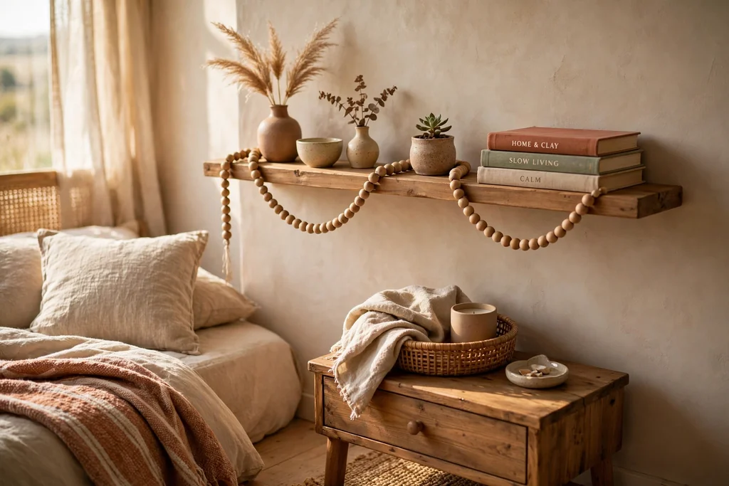 Wooden shelf styled with small ceramics, a wooden bead garland, a tiny plant, and books.