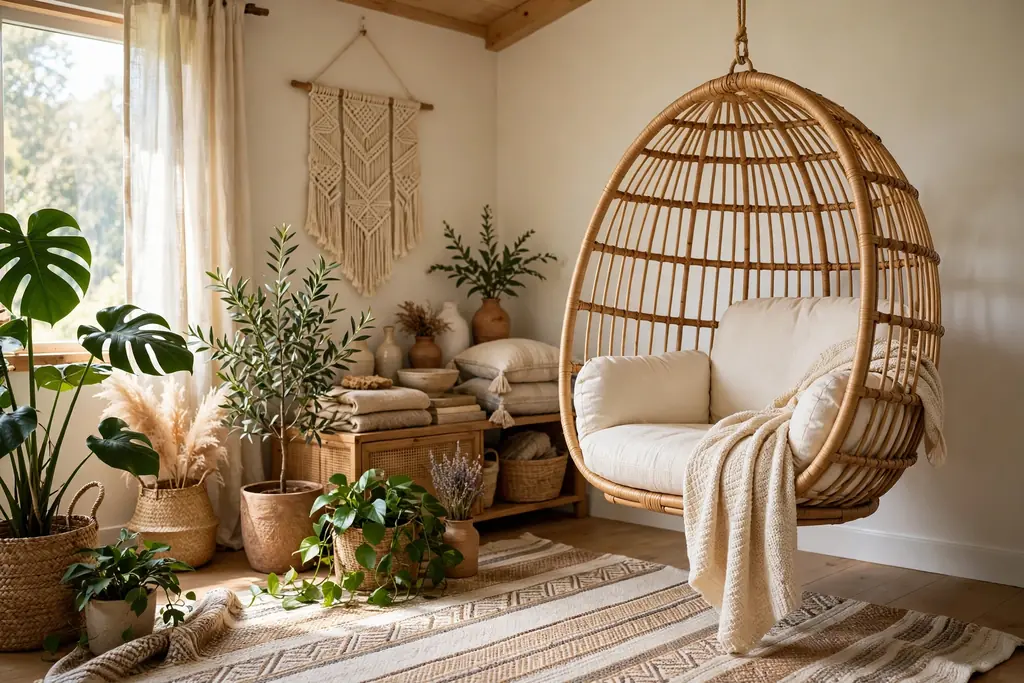 Hanging rattan egg chair with cream cushions and a throw in a bedroom corner.