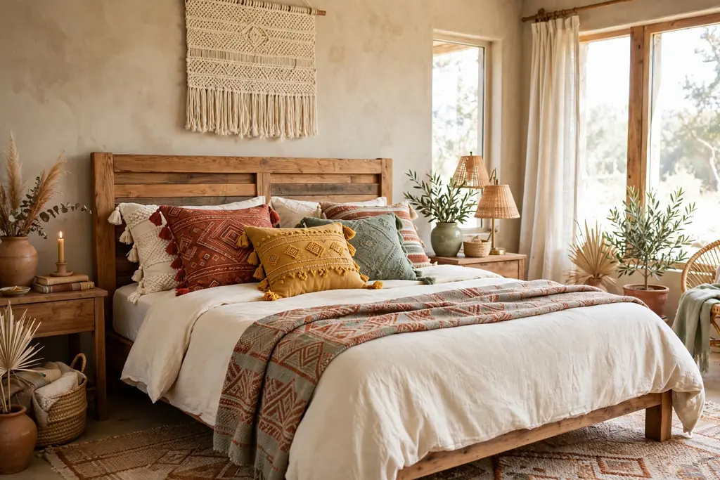 Bed dressed with patterned throw pillows in rust, mustard, and sage with tassels over cream bedding.