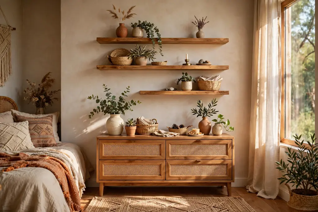 Natural wood floating shelves above a dresser holding ceramic vases, small plants, and woven baskets.