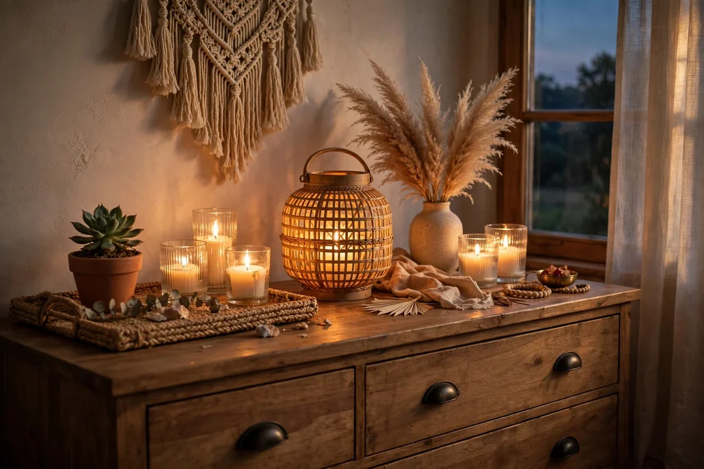 Dresser top with candles in glass holders and a woven lantern glowing in evening light.