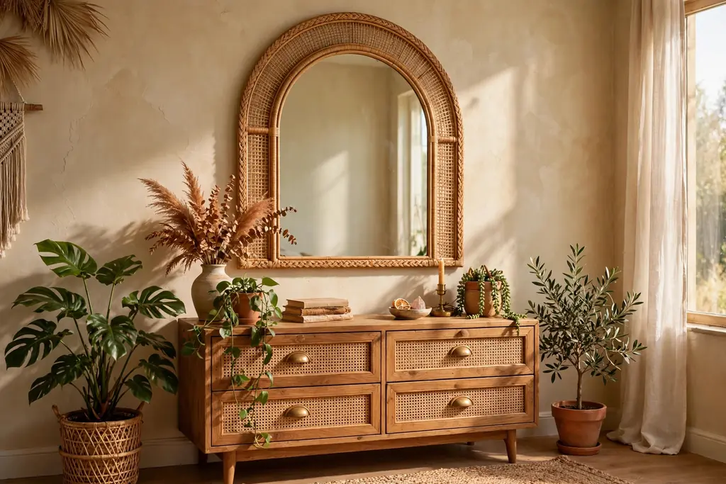Large arched mirror in a rattan frame above a wooden dresser.