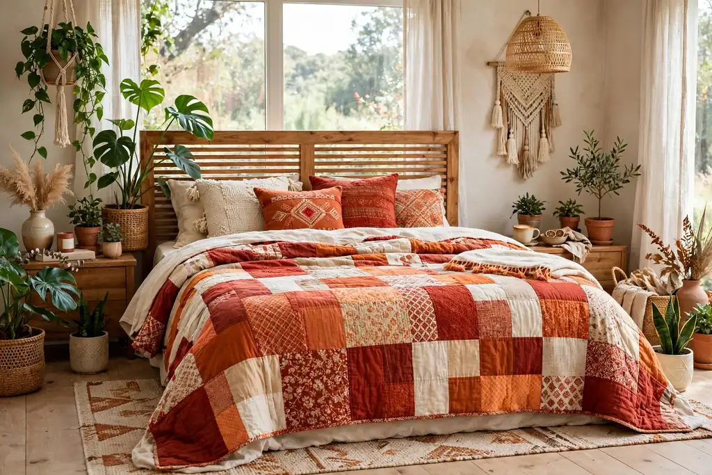 Bed covered with a patchwork quilt in warm reds, oranges, and cream squares.