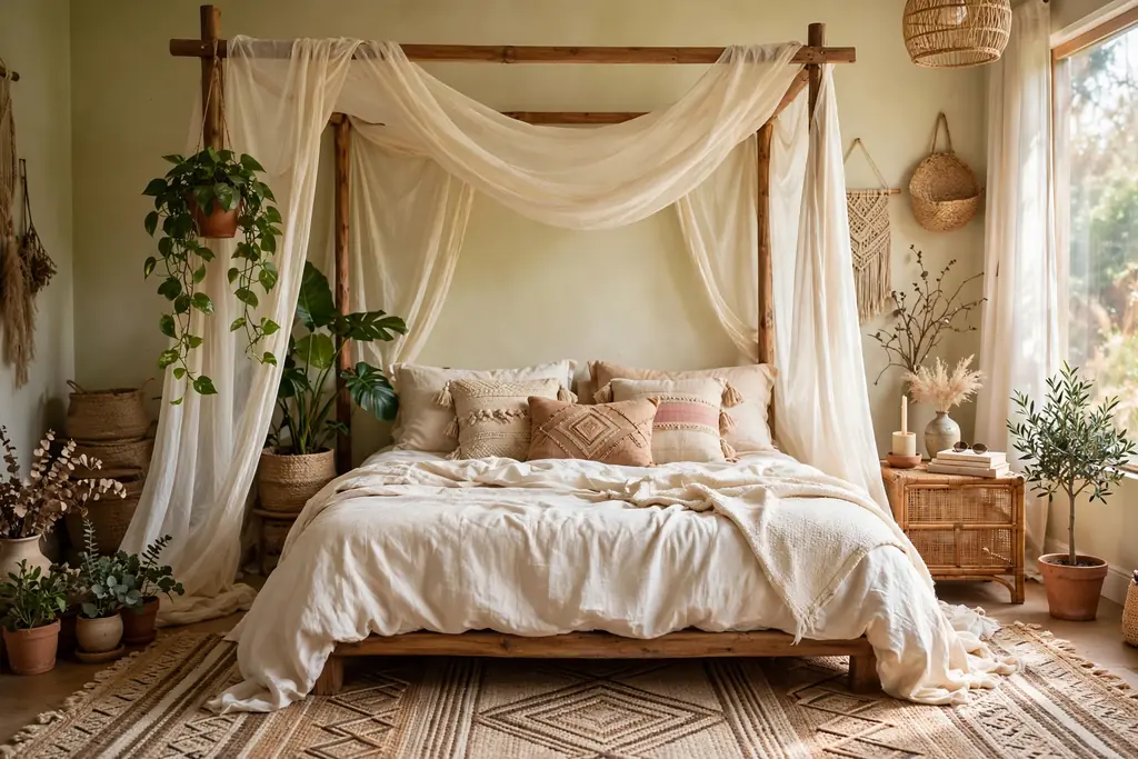 Bed with sheer cream canopy fabric draped over a wooden frame in soft daylight.