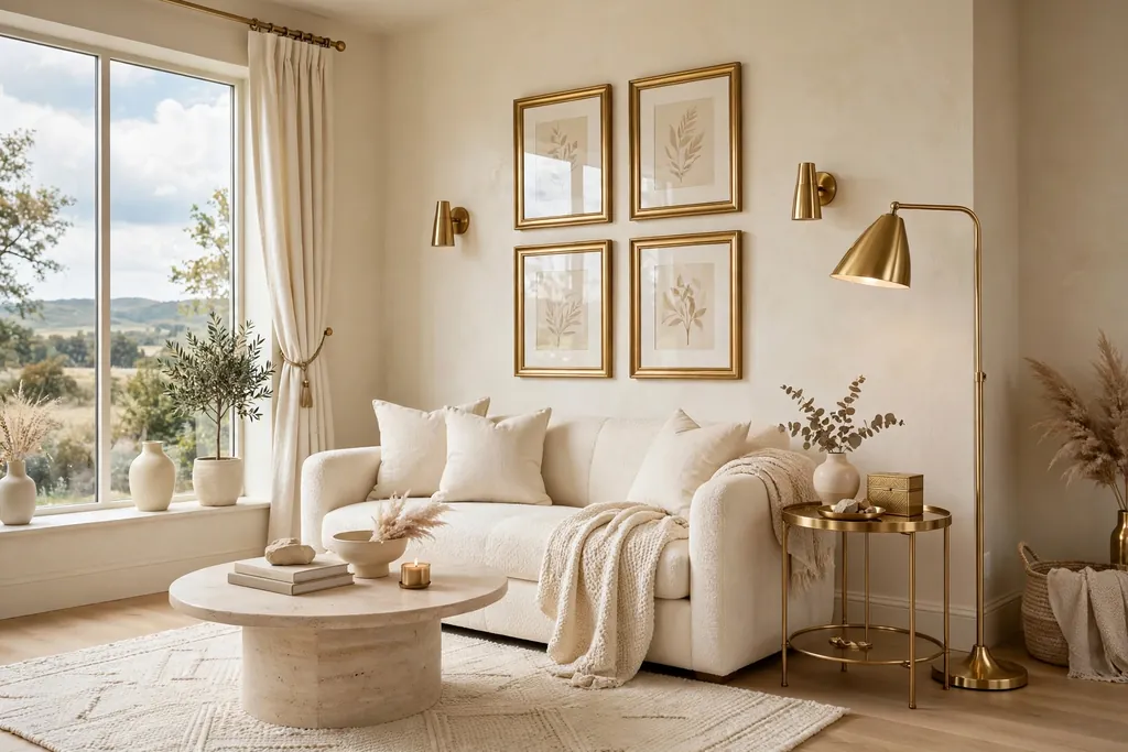 Cream living room with brass accents, including a brass floor lamp, side table, and picture frames.