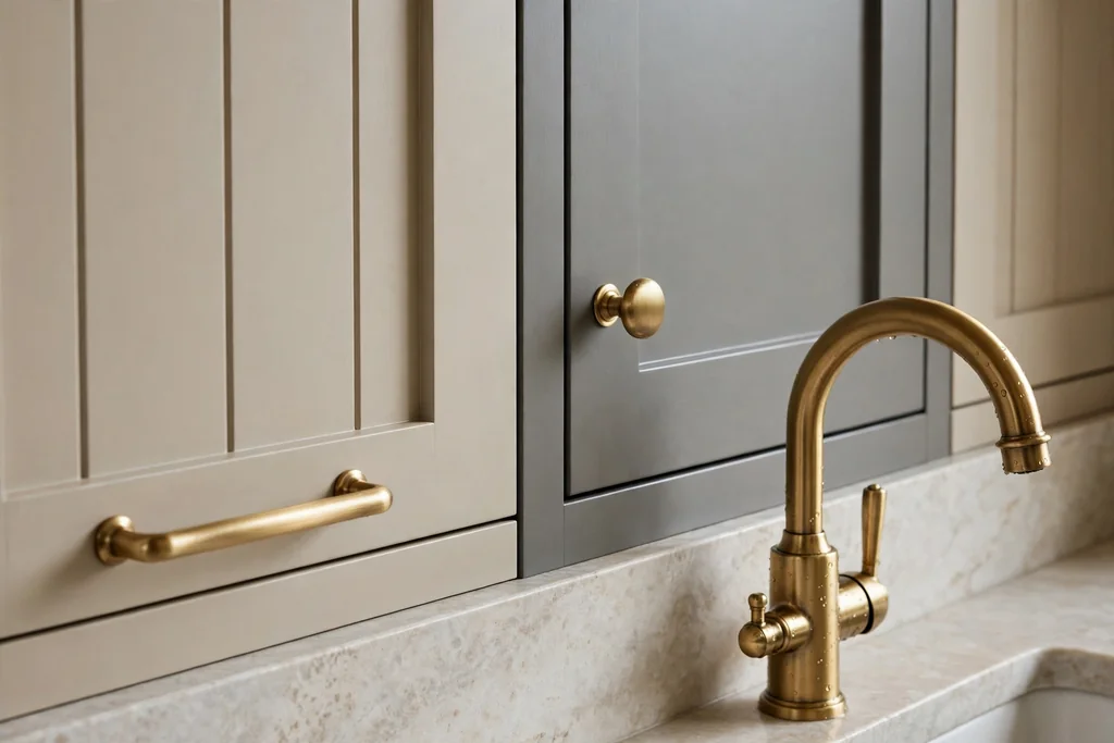 Grey and beige kitchen cabinets with brushed brass hardware.