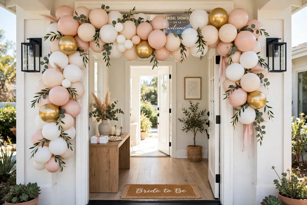 Balloon garland arch in blush, cream, and white with gold accents across a home entry doorway.