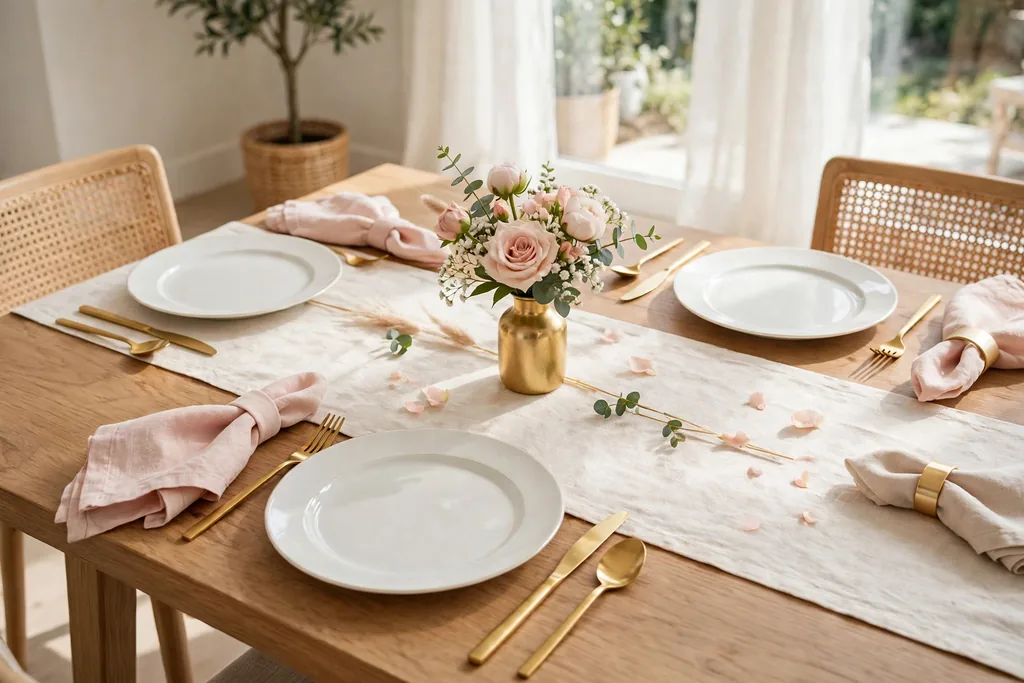 Dining table with blush napkins, gold cutlery, white plates, and a cream runner.