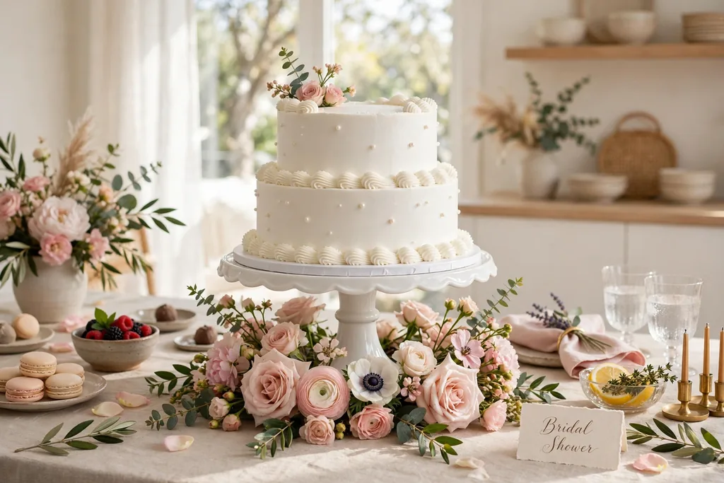 Cake on a raised stand with fresh blooms around the base on a dessert table.