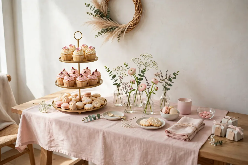 Dessert table with a tiered stand of cupcakes and treats, a plain blush cloth, and small flower stems.