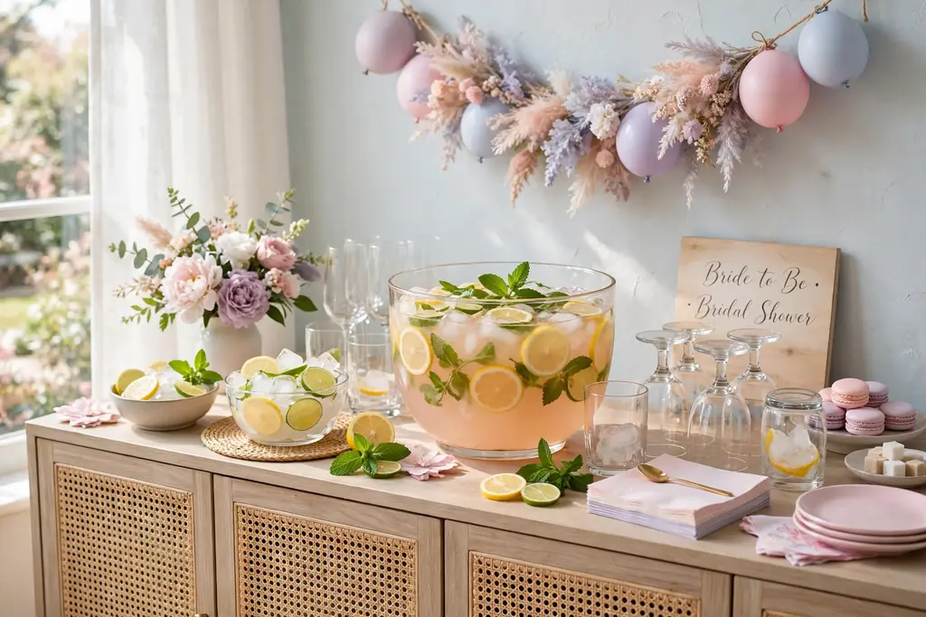 Drink station sideboard with a punch bowl, glasses, ice, citrus slices, and mint.