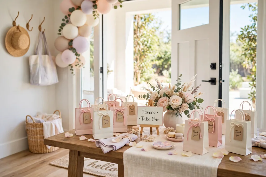 Favor table near an exit with small gift bags in blush and cream and a short sign.