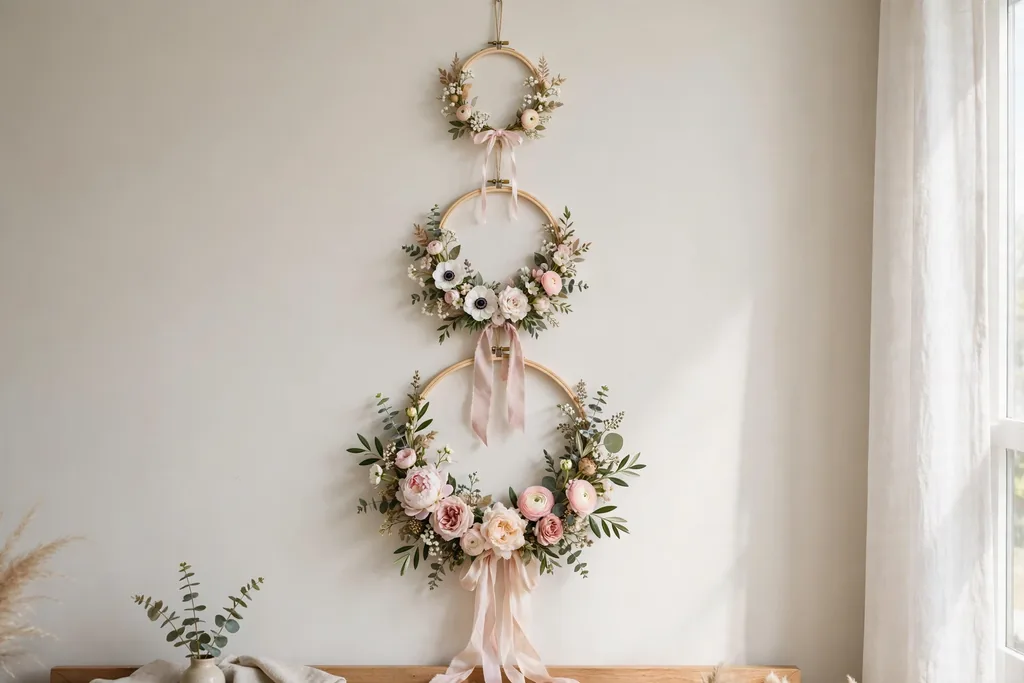 Three floral hoops of varied sizes with flower stems and ribbon hanging on a living room wall.