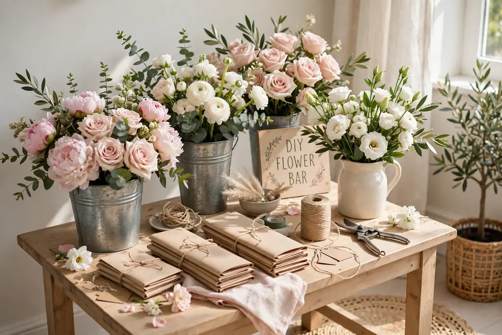 DIY flower bar with buckets of fresh stems, scissors, twine, and paper wraps on a side table.