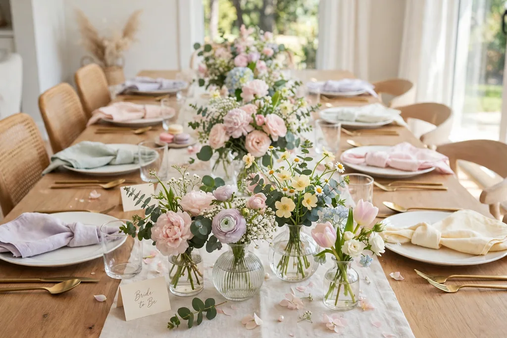 Low fresh flower arrangements in mixed glass vases down the center of a bridal shower table.
