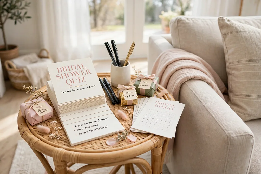 Small side table with bridal shower game cards, pens, and small prizes near seating.